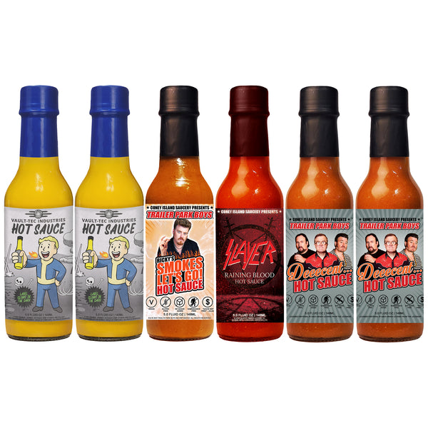 Main Attraction Hot Sauce Bundle 6-Pack 5oz – Official Slayer, Fallout & Trailer Park Boys Set